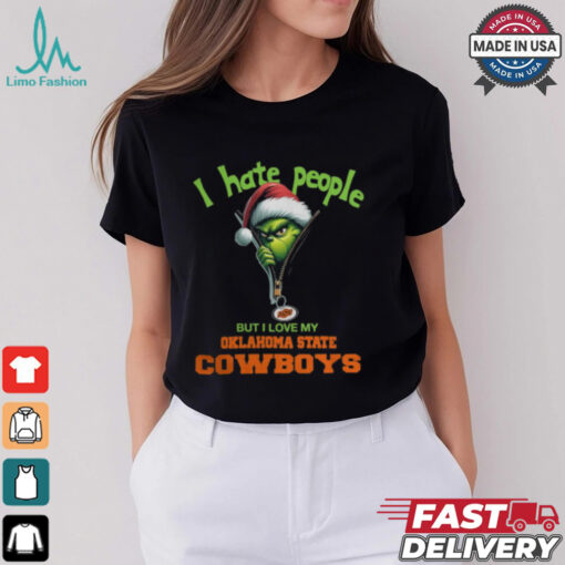 Grinch Santa Hat I Hate People But I Love My Oklahoma State Cowboys Christmas Logo Shirt