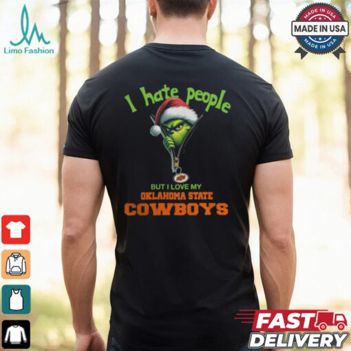 Grinch Santa Hat I Hate People But I Love My Oklahoma State Cowboys Christmas Logo Shirt