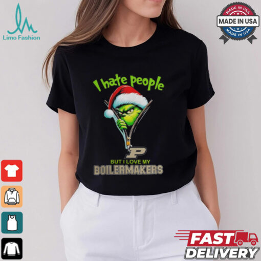 Grinch Santa Hat I Hate People But I Love My Purdue Boilermakers Christmas Logo Shirt