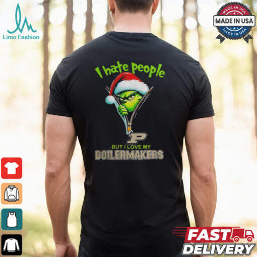Grinch Santa Hat I Hate People But I Love My Purdue Boilermakers Christmas Logo Shirt