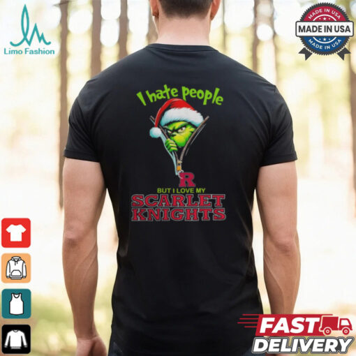 Grinch Santa Hat I Hate People But I Love My Rutgers Scarlet Knights Christmas Logo Shirt