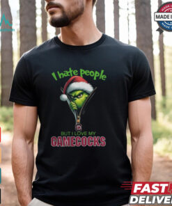 Grinch Santa Hat I Hate People But I Love My South Carolina Gamecocks Christmas Logo Shirt