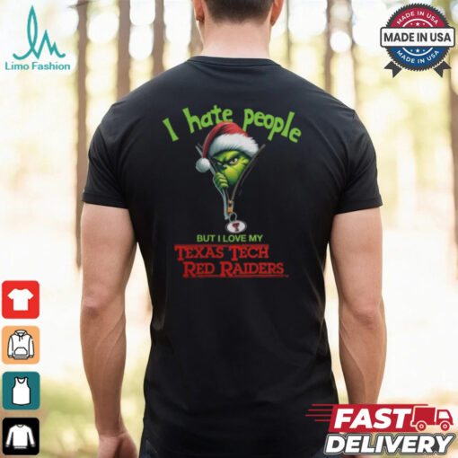 Grinch Santa Hat I Hate People But I Love My Texas Tech Red Raiders Christmas Logo Shirt