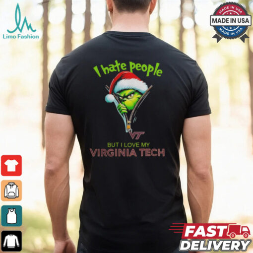 Grinch Santa Hat I Hate People But I Love My Virginia Tech Hokies Christmas Logo Shirt