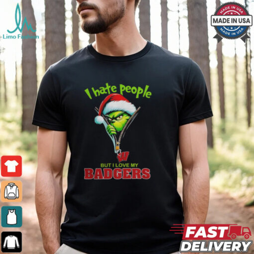Grinch Santa Hat I Hate People But I Love My Wisconsin Badgers Christmas Logo Shirt