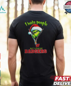 Grinch Santa Hat I Hate People But I Love My Wisconsin Badgers Christmas Logo Shirt