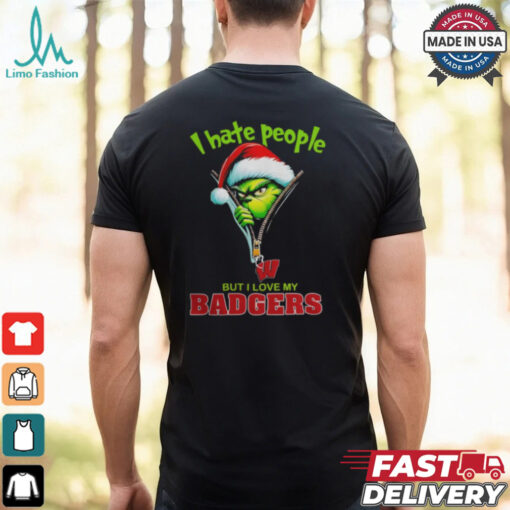 Grinch Santa Hat I Hate People But I Love My Wisconsin Badgers Christmas Logo Shirt