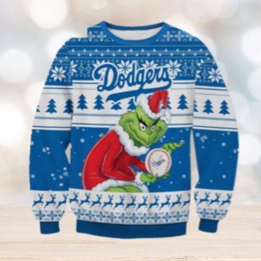 Grinch Santa Holding Dodgers Baseball Ugly Sweater