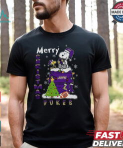 James Madison Dukes Snoopy And Woodstock Merry Christmas Shirt