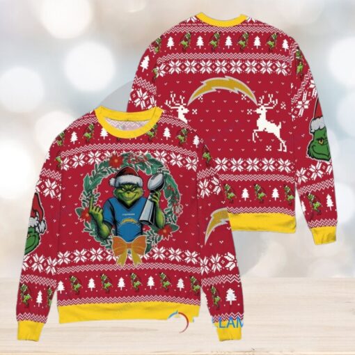 Los Angeles Chargers x Grinch NFL Dr. Seuss How the Grinch Stole Christmas with Super Bowl Trophy Ugly Christmas Sweater Red