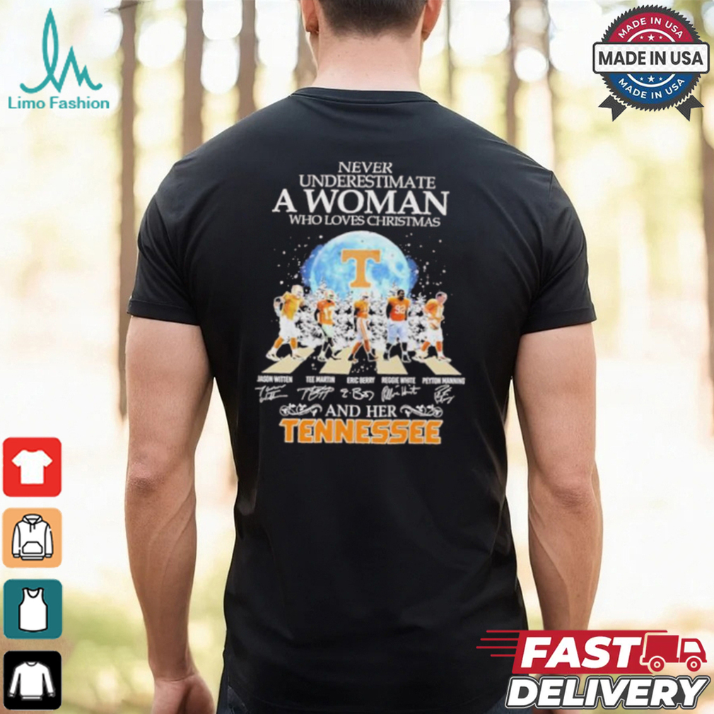 Never Underestimate A Woman Who Christmas And Her Tennessee Volunteers Abbey Road Signatures Shirt Never Underestimate A Woman Who Christmas And Her Tennessee Volunteers Abbey Road Signatures Shirt