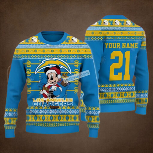 Personalized Mickey Mouse Santa Los Angeles Chargers Blue Cool Ugly Christmas Sweater
