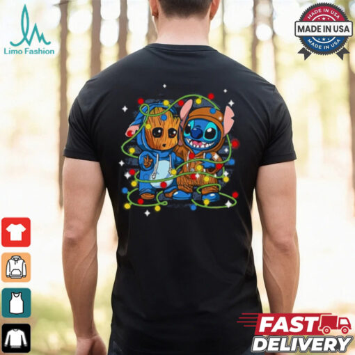 Retro Cute Friends Stitch And Baby Groot Christmas Lights Shirt