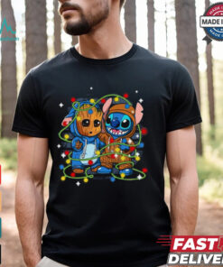 Retro Cute Friends Stitch And Baby Groot Christmas Lights Shirt