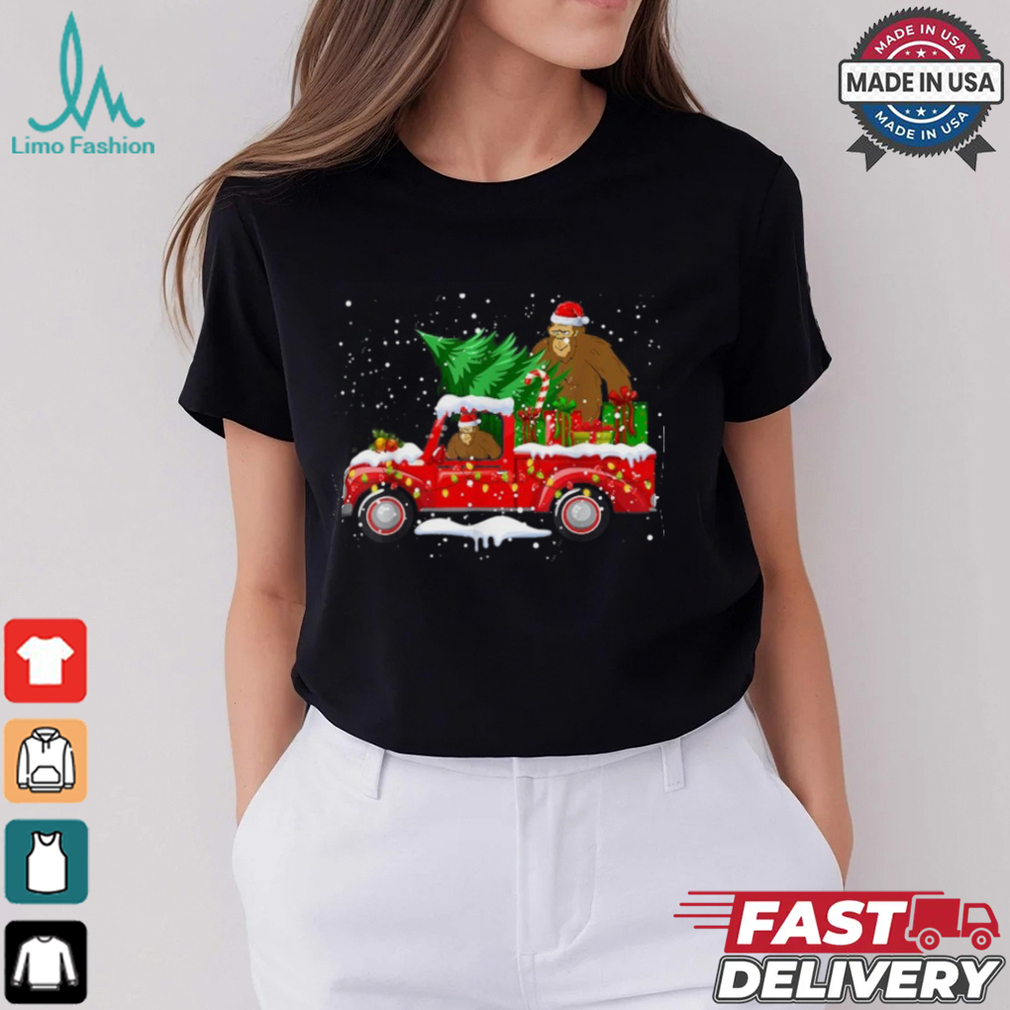 Santa Bigfoot Riding Red Truck & Xmas Tree Merry Christmas T Shirt Recovered Santa Bigfoot Riding Red Truck & Xmas Tree Merry Christmas T Shirt Recovered