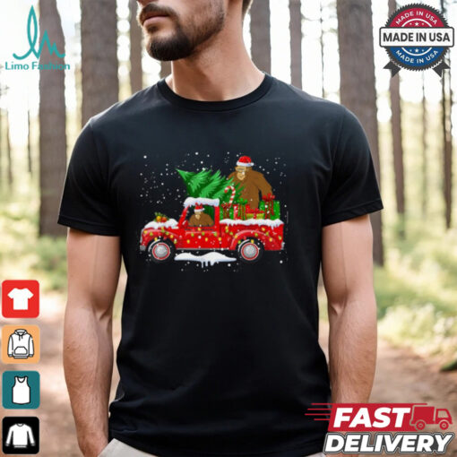 Santa Bigfoot Riding Red Truck & Xmas Tree Merry Christmas T Shirt Recovered