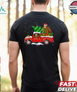 Santa Bigfoot Riding Red Truck & Xmas Tree Merry Christmas T Shirt Recovered