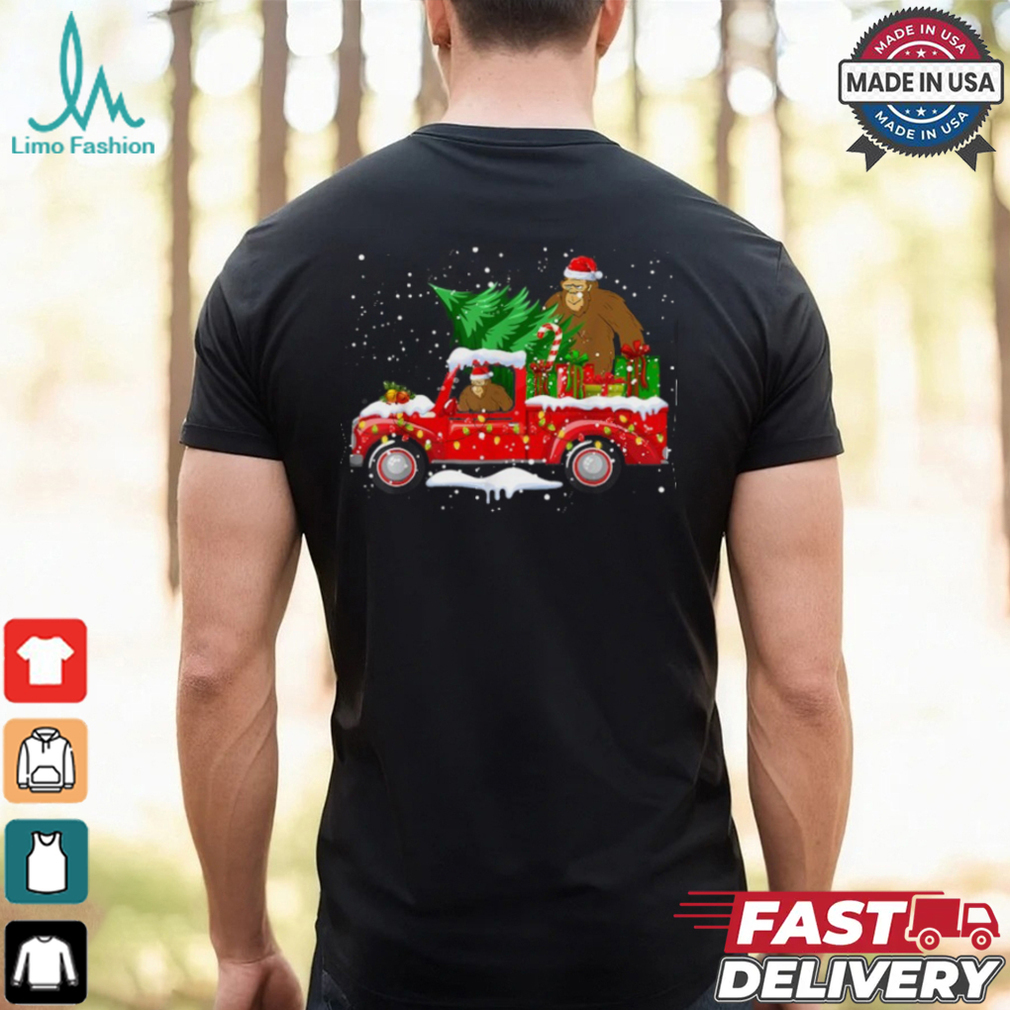 Santa Bigfoot Riding Red Truck & Xmas Tree Merry Christmas T Shirt Recovered Santa Bigfoot Riding Red Truck & Xmas Tree Merry Christmas T Shirt Recovered