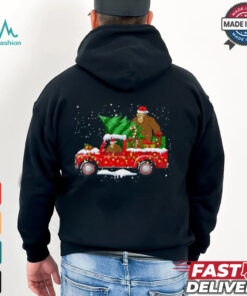 Santa Bigfoot Riding Red Truck & Xmas Tree Merry Christmas T Shirt Recovered
