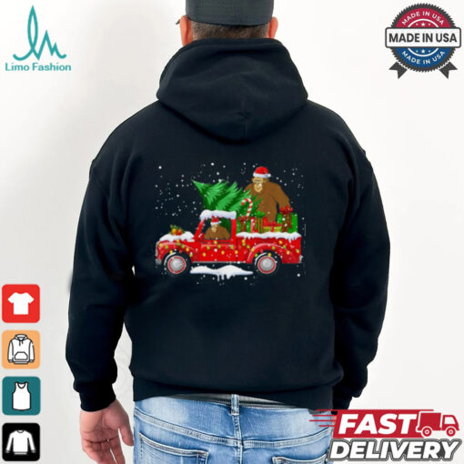Santa Bigfoot Riding Red Truck & Xmas Tree Merry Christmas T Shirt Recovered