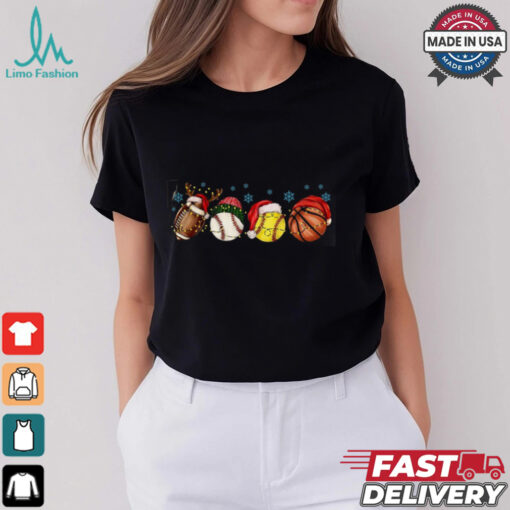 Sport Balls Christmas Lights Sweatshirt, Football Baseball Basketball Christmas Hat T Shirt