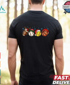 Sport Balls Christmas Lights Sweatshirt, Football Baseball Basketball Christmas Hat T Shirt