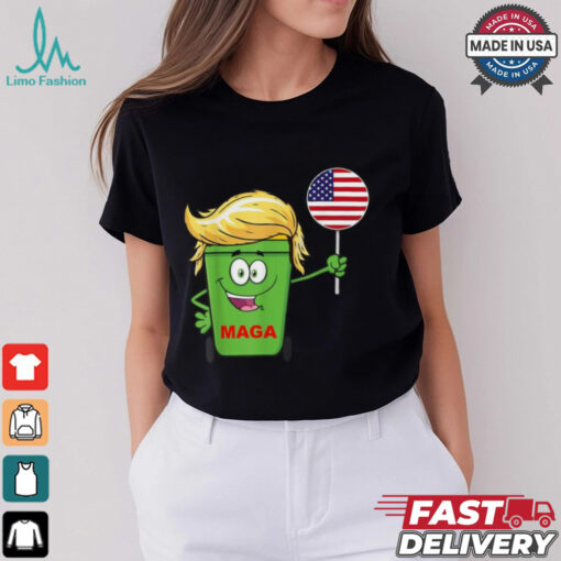 Trump MAGA Cartoon Garbage Can American Flag T Shirts