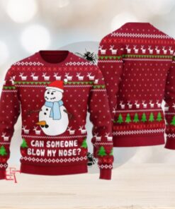 Red Ugly Christmas Sweater featuring a humorous snowman design with the text 'Can Someone Snowman Blow My Nose,' perfect for holiday parties and festive wear.