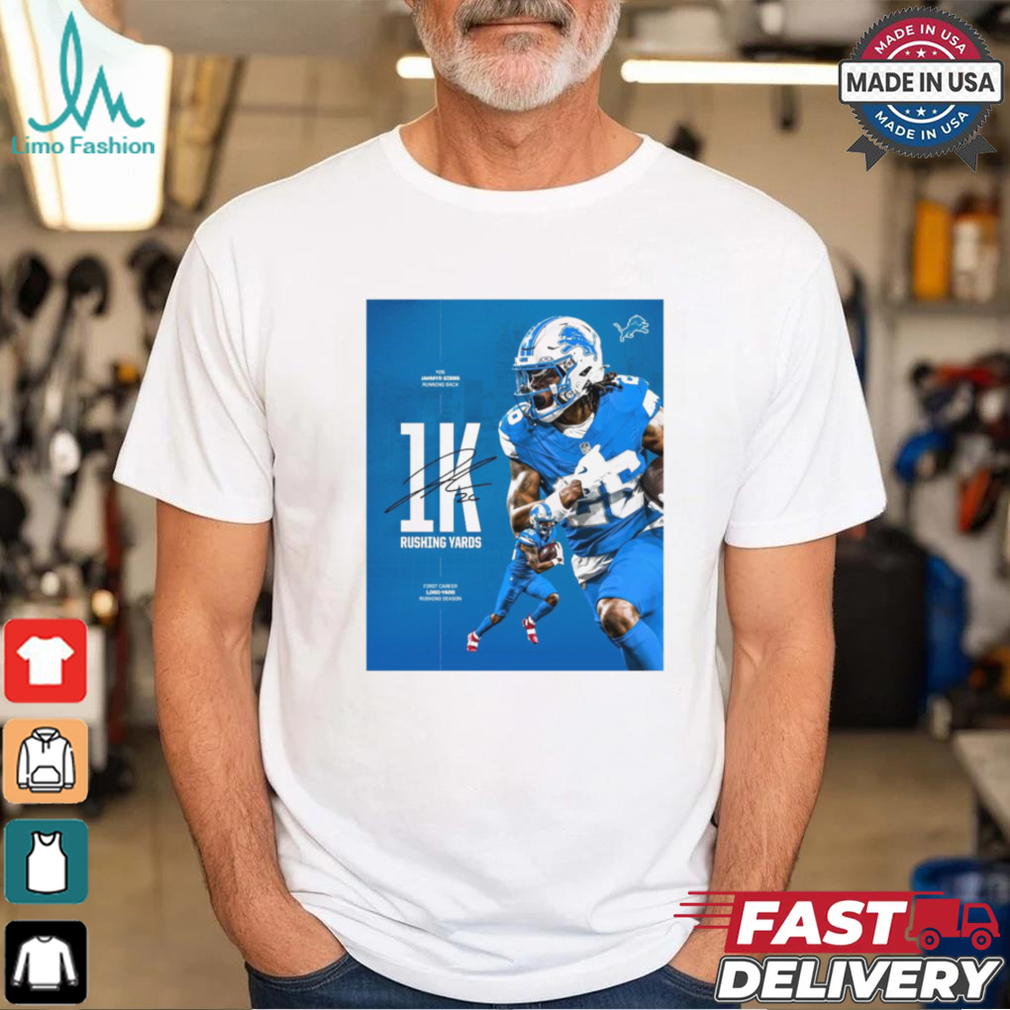 Detroit Lions Jahmyr Gibbs Running Back First Career 1K Rushing Yards Season Signature Poster t shirt Detroit Lions Jahmyr Gibbs Running Back First Career 1K Rushing Yards Season Signature Poster t shirt
