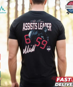 UConn Huskies Nika Muhl All-Time Assists Leader Shirt featuring a bold design that celebrates Nika Muhl's record-breaking career as the all-time assists leader for the UConn Huskies, making it a perfect shirt for fans who want to honor her incredible contributions to the team.