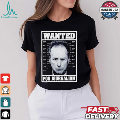Wanted for Journalism David Menzies Mugshot Shirt - A bold and distinctive T-shirt featuring a mugshot of David Menzies, perfect for fans of journalism, satire, and humorous, attention-grabbing designs.