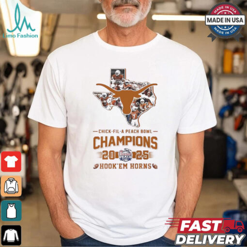 Texas Longhorns Champions Chick fil A Peach Bowl 2025 Hook ‘Em Logo Map Shirt