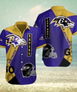 Touchdown Triumph – Vibrant Baltimore Ravens Hawaiian Shirt With Helmet Design