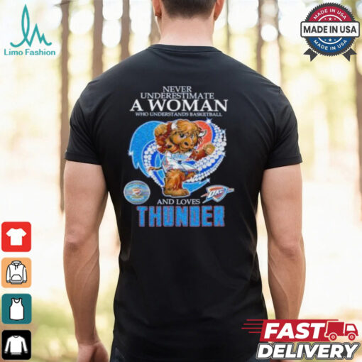 Official Never underestimate a woman who understands basketball and love Oklahoma City Thunder diamond heart mascot 2025 T shirt