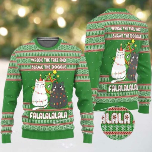 2025 Christmas Cat Wreck The Tree And Blame The Doggle Ugly Christmas Sweater