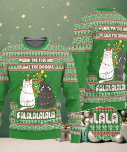 2025 Christmas Cat Wreck The Tree And Blame The Doggle Ugly Christmas Sweater