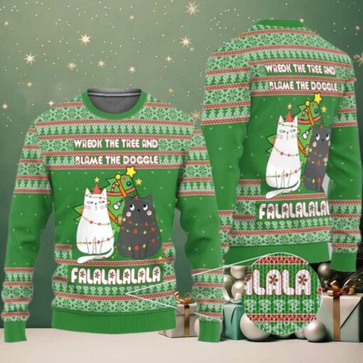 2025 Christmas Cat Wreck The Tree And Blame The Doggle Ugly Christmas Sweater