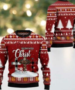 2025 Christmas Christian Begins With Christ Ugly Christmas Sweater