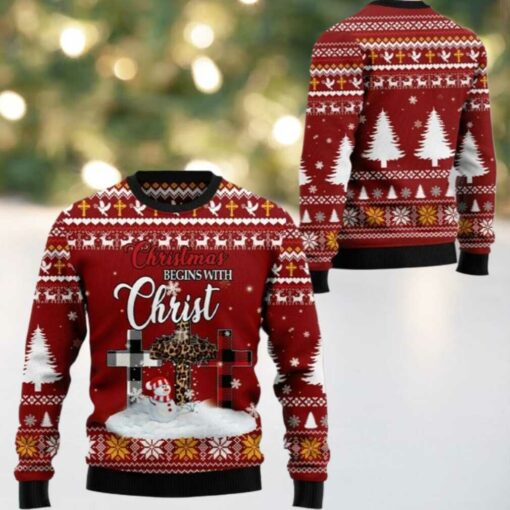 2025 Christmas Christian Begins With Christ Ugly Christmas Sweater