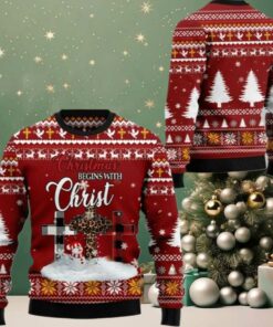 2025 Christmas Christian Begins With Christ Ugly Christmas Sweater