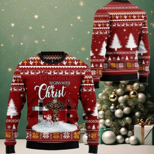 2025 Christmas Christian Begins With Christ Ugly Christmas Sweater