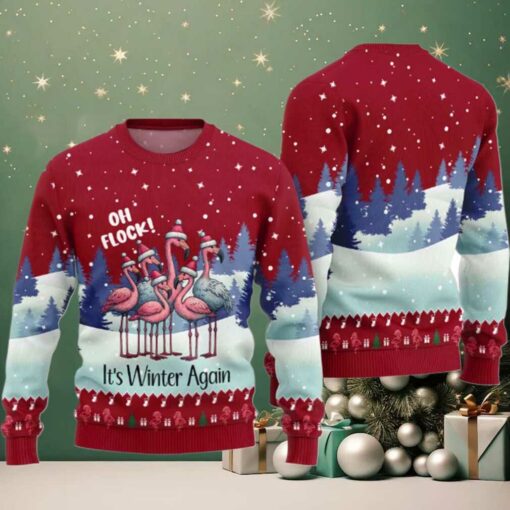 2025 Oh Flock It’s Winter Again Flamingo Ugly Christmas Sweater