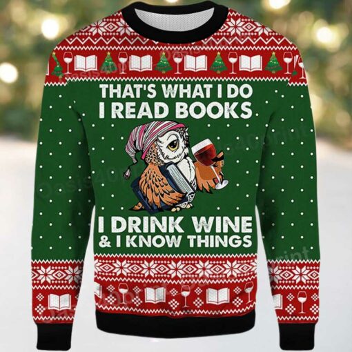2025 Owl That’s What I Do I Read Books I Drink Wine and I Know Things Ugly Christmas Sweater