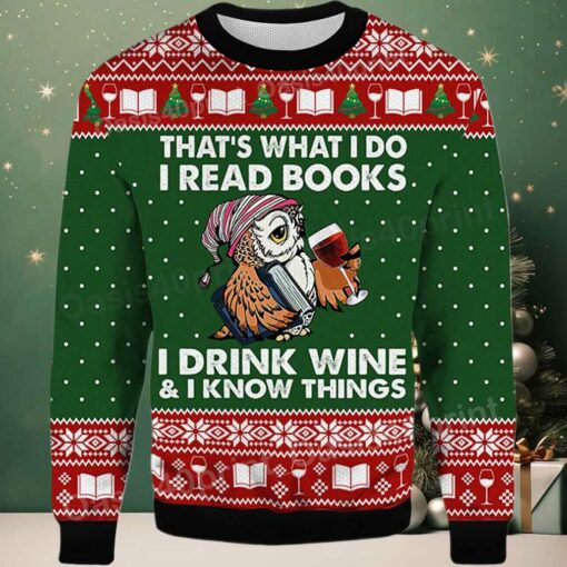 2025 Owl That’s What I Do I Read Books I Drink Wine and I Know Things Ugly Christmas Sweater