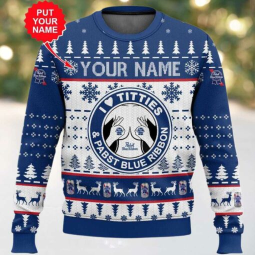 2025 Pabst Blue Ribbon Titties Christmas Ugly Sweater