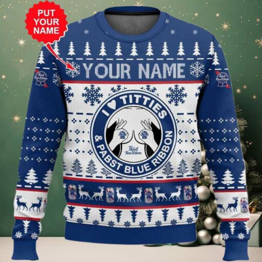 2025 Pabst Blue Ribbon Titties Christmas Ugly Sweater