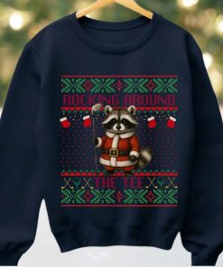 2025 Rocking Around The Tee Hockey Racoon Ugly Christmas Sweater