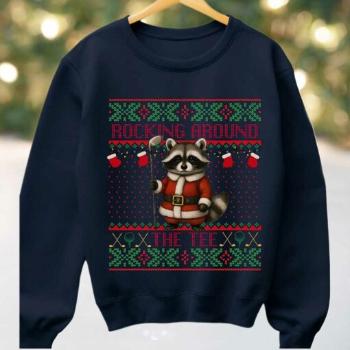 2025 Rocking Around The Tee Hockey Racoon Ugly Christmas Sweater