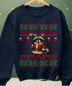 2025 Rocking Around The Tee Hockey Racoon Ugly Christmas Sweater