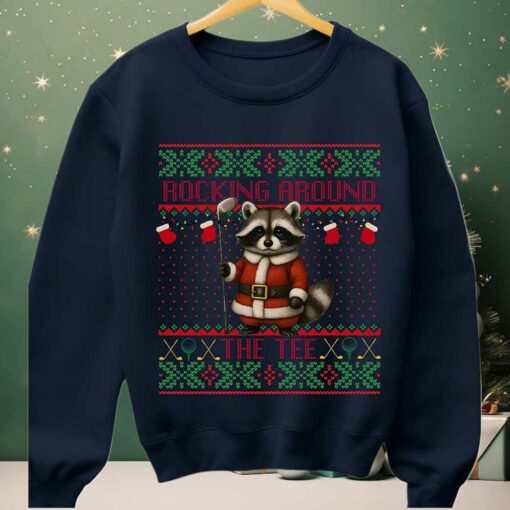 2025 Rocking Around The Tee Hockey Racoon Ugly Christmas Sweater